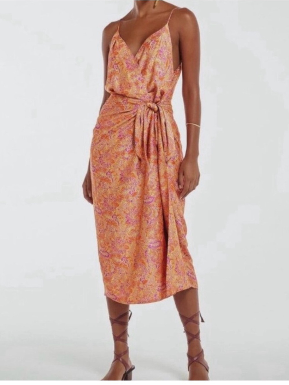 High-Low Paisley Wrap Maxi Dress in Orange and Pink